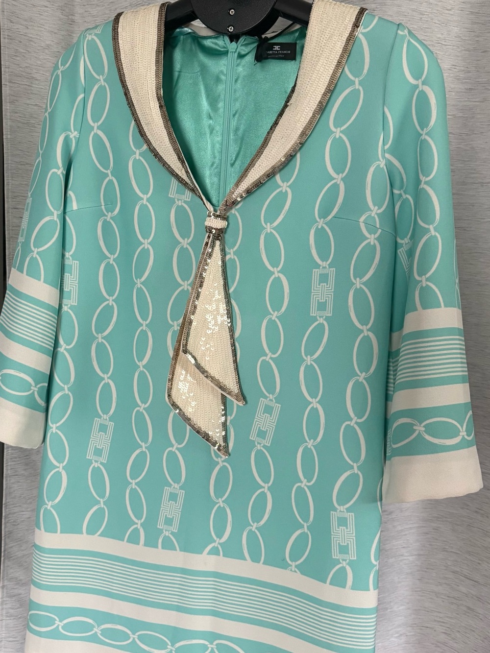 Elisabetta Franchi Teal White Chain Print Sequin mini dress IT42 US6